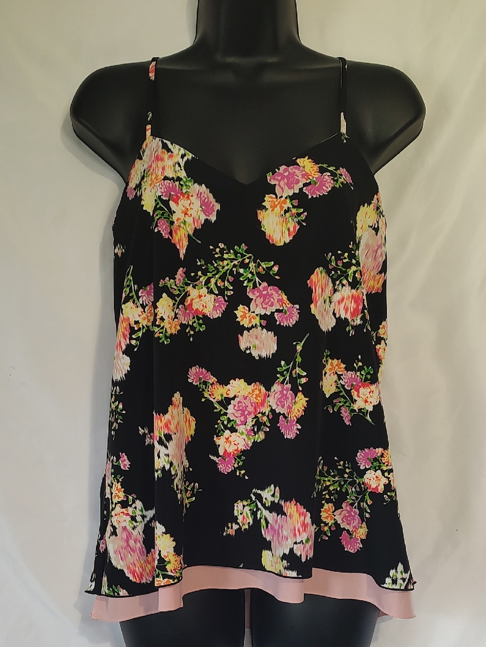 Candie's Black Floral Spaghetti Strap Cami with Pink Hem
